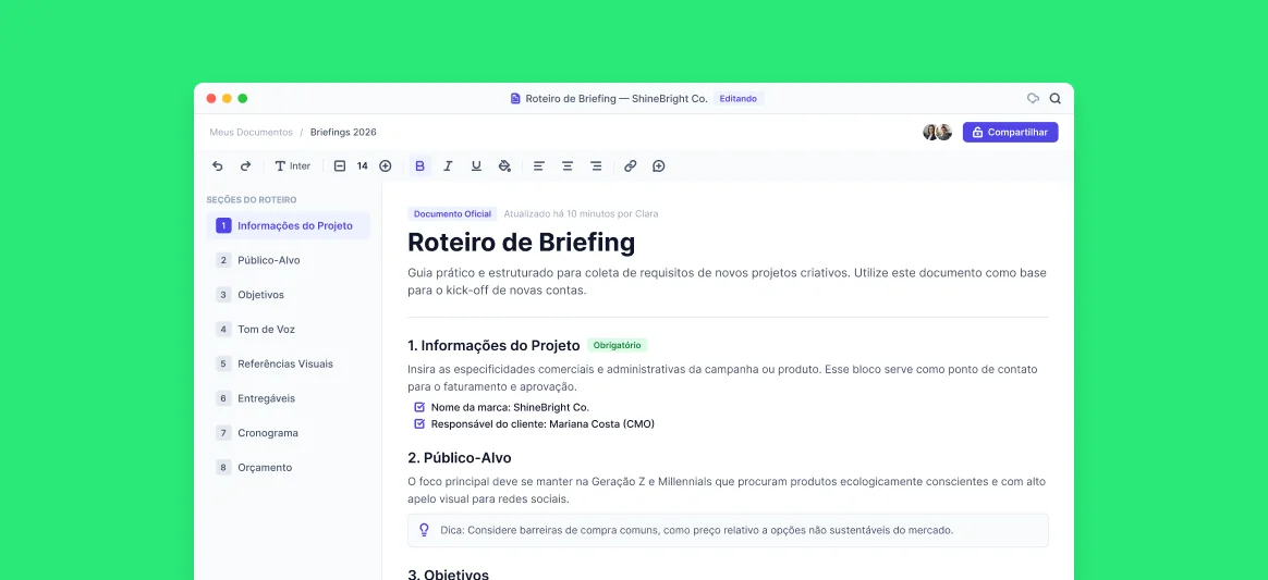 Roteiro de briefing do Kit Design Studio